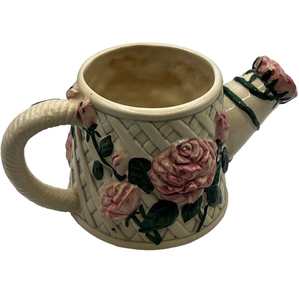 Vintage Rose Ceramic Watering Can or Planter, Floral Vase, Pink Roses